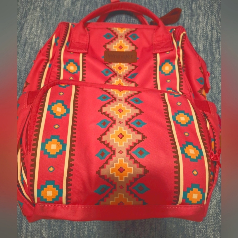 Wrangler Pink Backpack with Ethnic Design and Leather Trim